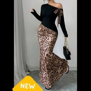 Black and Leopard Print Off-Shoulder Dress